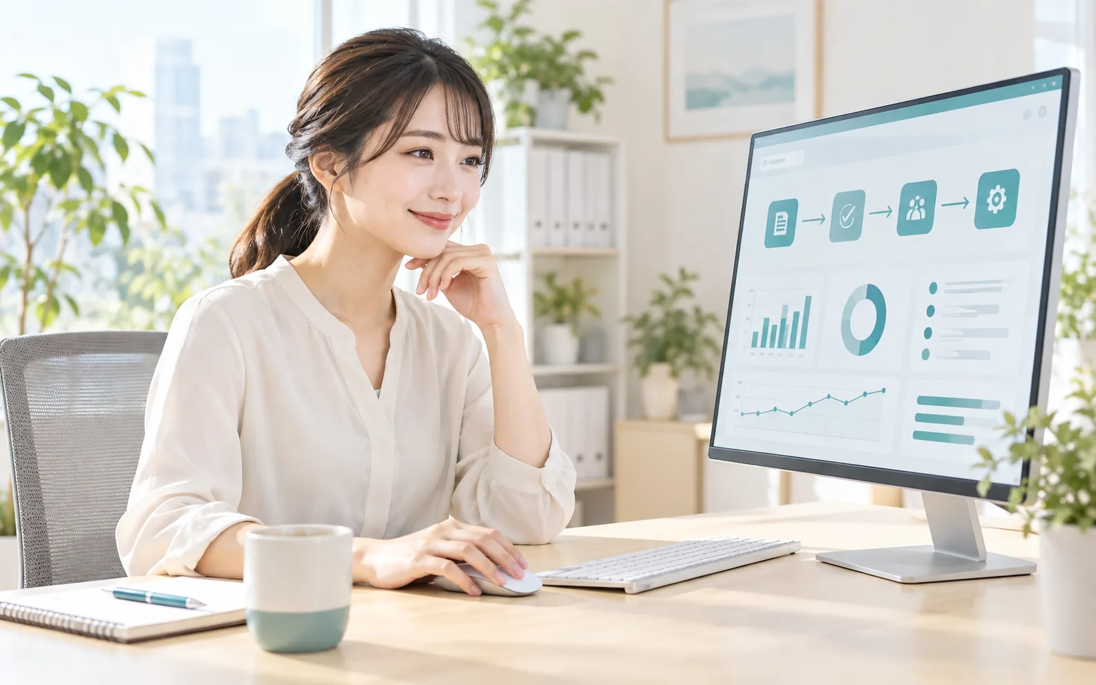 整理されたデスクで業務ダッシュボードを確認する様子