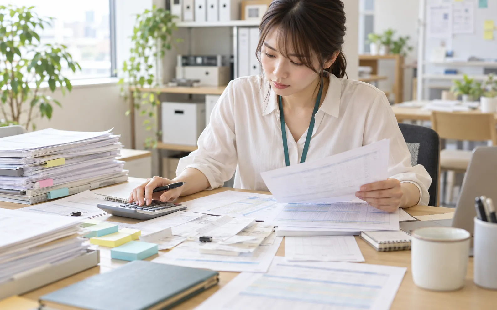 紙の書類を手作業で集計している業務風景